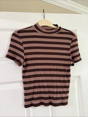 American Eagle Outfitters Brown and Pink Striped Ribbed Crew Tee